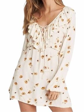 Billabong Floral Ruffle Mini Dress Cream Boho Long Sleeve Tie Neck Size Small